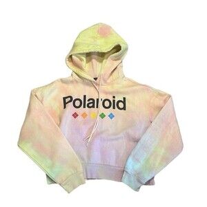 Polaroid tie dye sweatshirt hoodie crop top S yellow pink green pullover retro